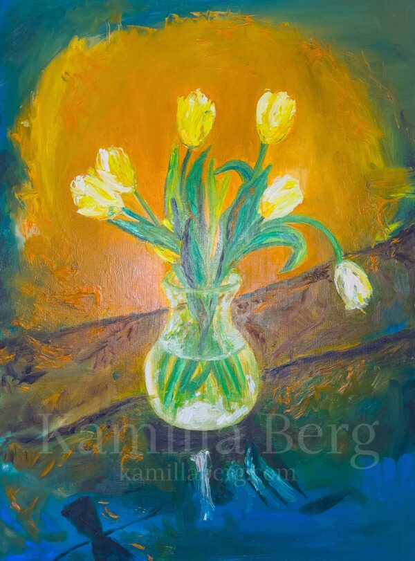 Yellow Tulips on Rustic Oak