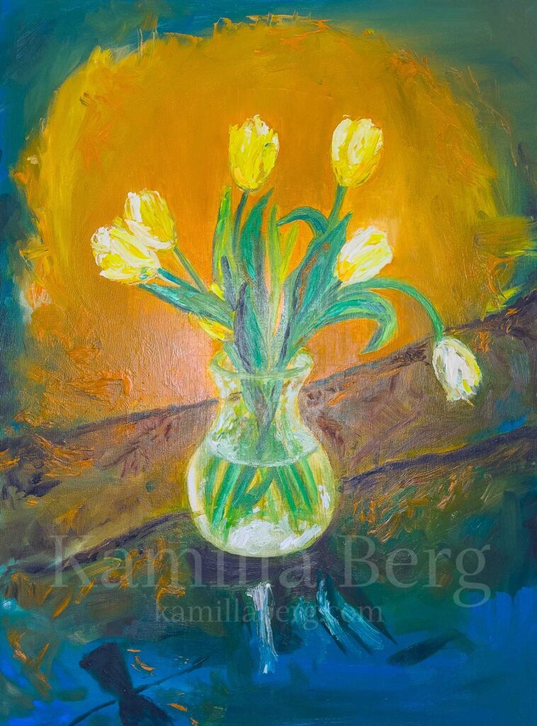Yellow Tulips on Rustic Oak